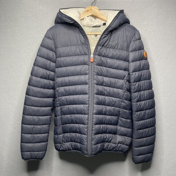 Save The Duck Kids Unisex Size 16 Gray Winter Ultra Light Puffer Jacket Sherpa - Picture 1 of 10